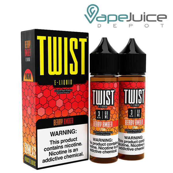 A box of Berry Amber Twist 3mg E-Liquid with a warning sign and two 60ml bottles next to it - Vape Juice Depot