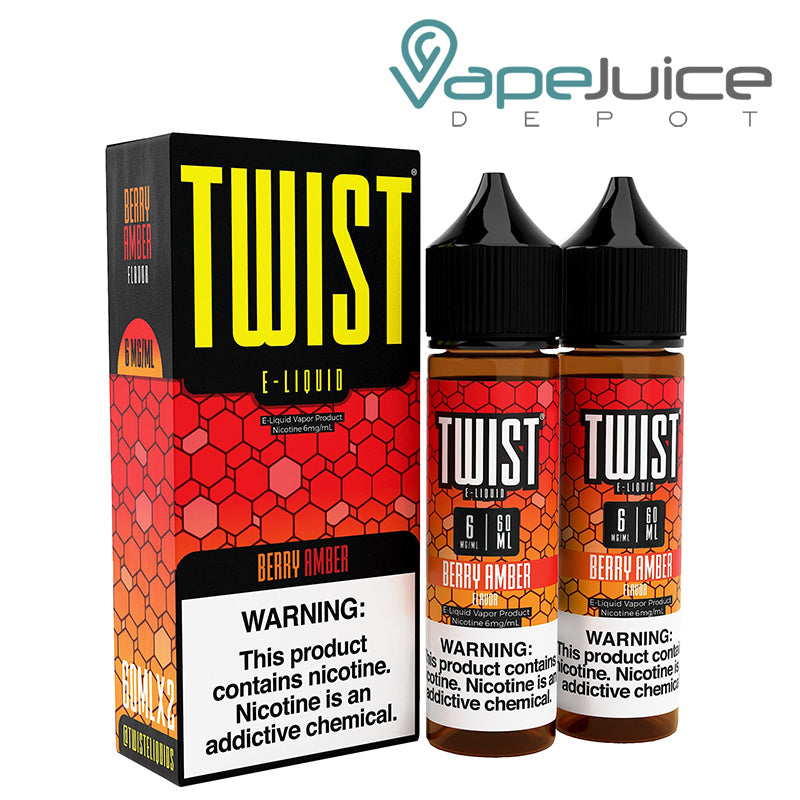 A box of Berry Amber Twist 6mg E-Liquid with a warning sign and two 60ml bottles next to it - Vape Juice Depot