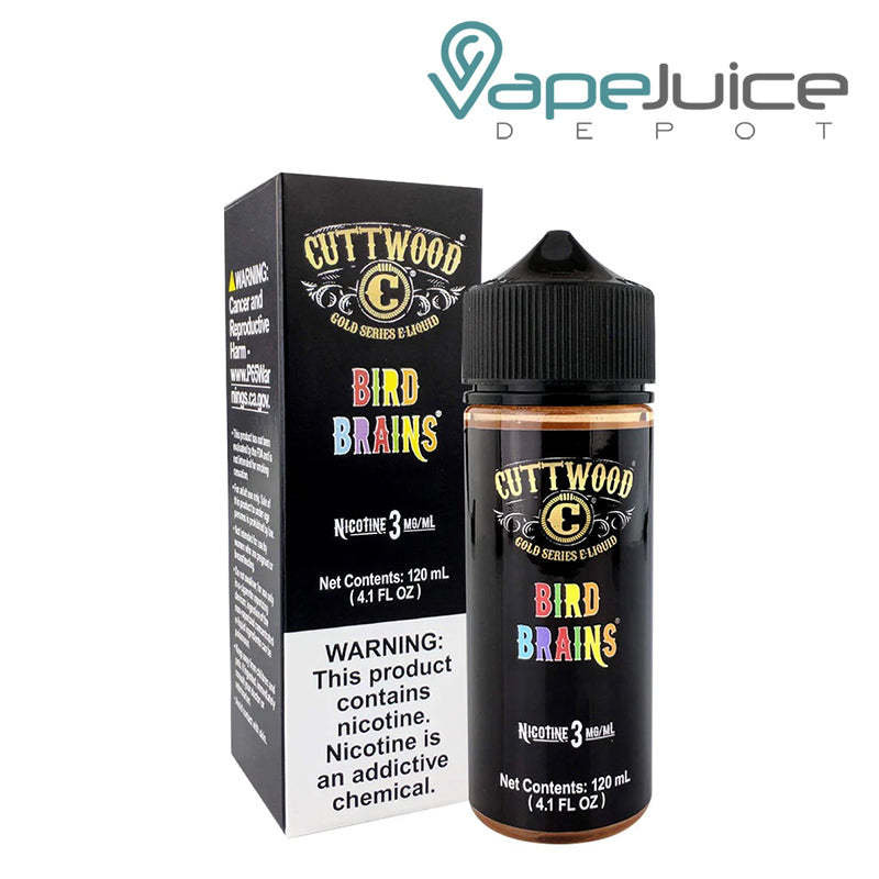 A box of Bird Brains Cuttwood eLiquid with a warning sign and a 120ml bottle next to it - Vape Juice Depot