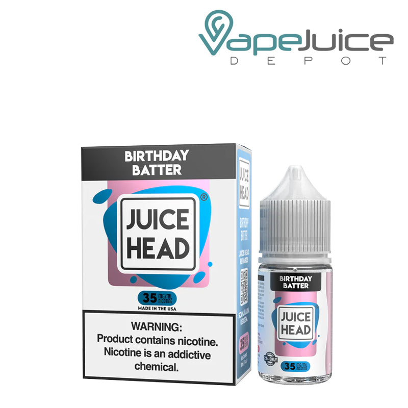A Box of Birthday Batter Juice Head Dessert Salts with a warning sign and a 30ml bottle next to it - Vape Juice Depot 