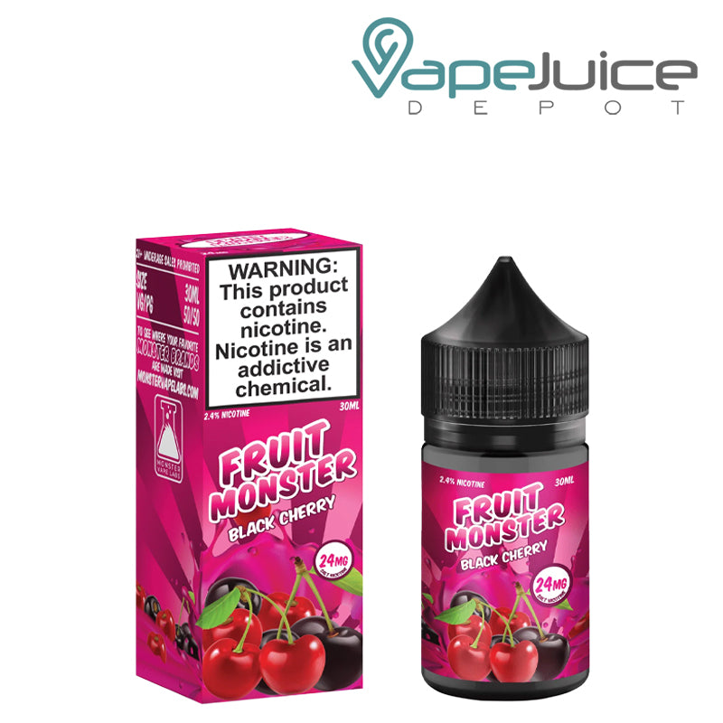 A box of Black Cherry Fruit Monster Salts with a warning sign and a 30 ml bottle next to it- Vape Juice Depot