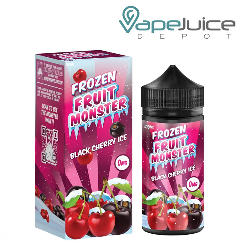 A box of Black Cherry Ice Frozen Fruit Monster and a 100ml bottle next to it - Vape Juice Depot