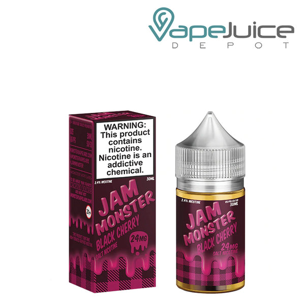 A box of Black Cherry Jam Monster Salts with a warning sign and a 30ml bottle next to it - Vape Juice Depot