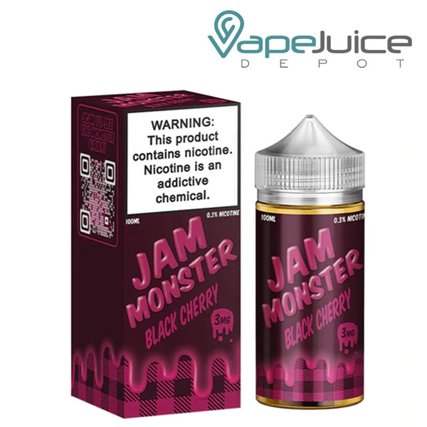 A box of Black Cherry Jam Monster eLiquid with a warning sign and a 100ml bottle next to it - Vape Juice Depot