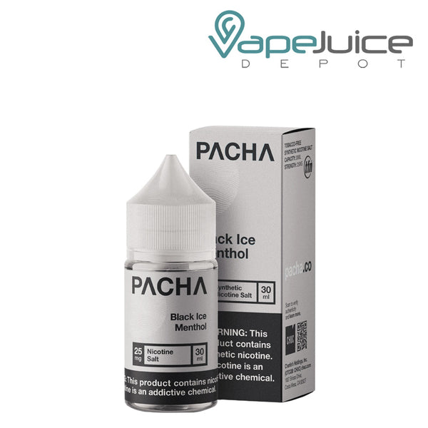 A 30ml bottle of Black Ice Menthol PachaMama Salts with a warning sign and a box next to it - Vape Juice Depot