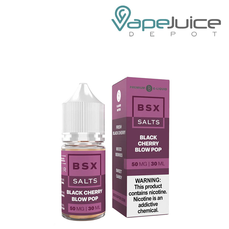 A 30ml bottle of Black Cherry Blow Pop BSX Salts and a box with a warning sign next to it - Vape Juice Depot