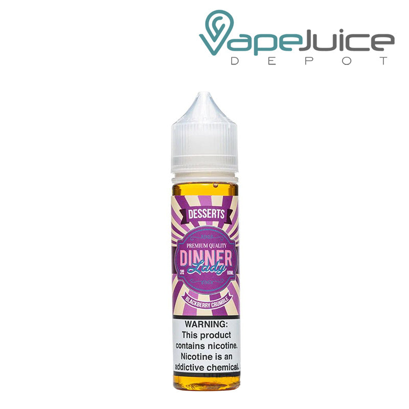 A 60ml bottle of Blackberry Crumble Dinner Lady with a warning sign - Vape Juice Depot