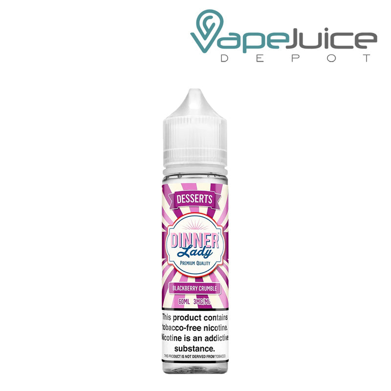 A 60ml bottle of Blackberry Crumble Dinner Lady TFN 3mg with a warning sign - Vape Juice Depot