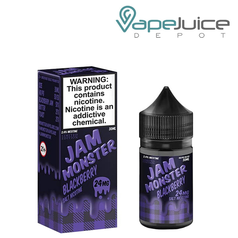 A box of Blackberry Jam Monster Salt with a warning sign and a 30ml bottle next to it - Vape Juice Depot
