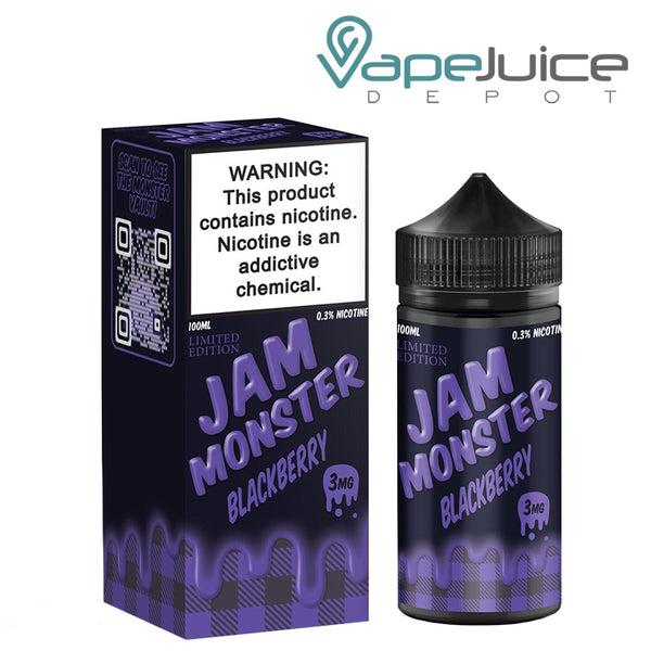 A box of Blackberry Jam Monster eLiquid with a warning sign and a 100ml bottle next to it - Vape Juice Depot