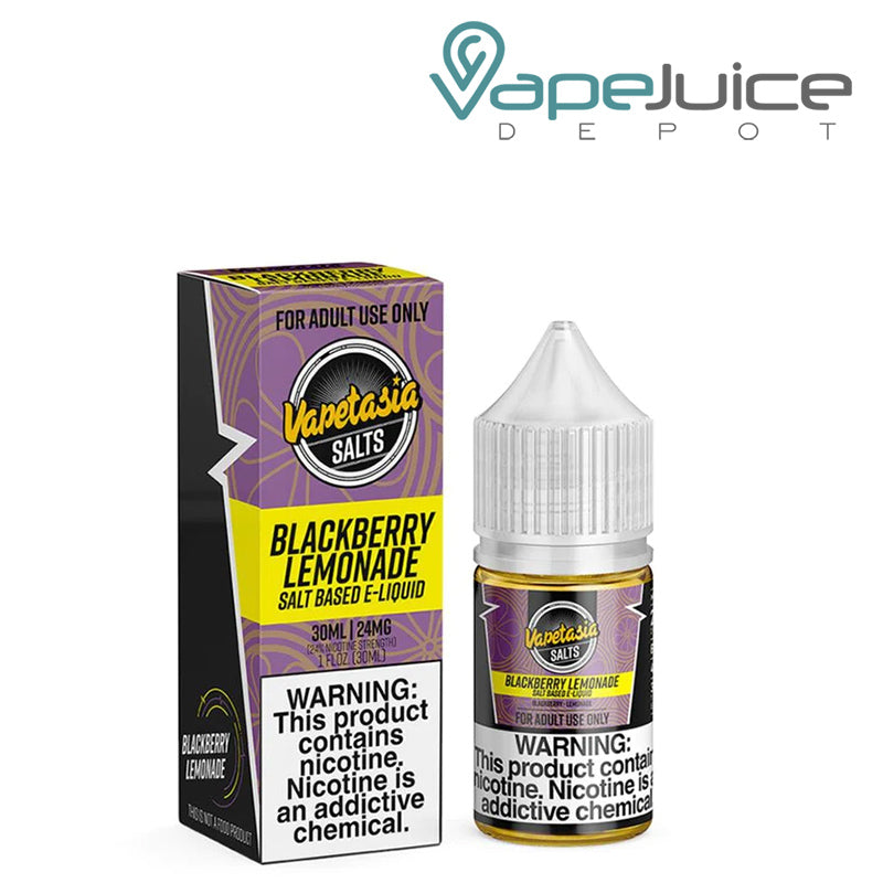 A box of Blackberry Lemonade Vapetasia Salts with a warning sign and a 30ml bottle next to it - Vape Juice Depot