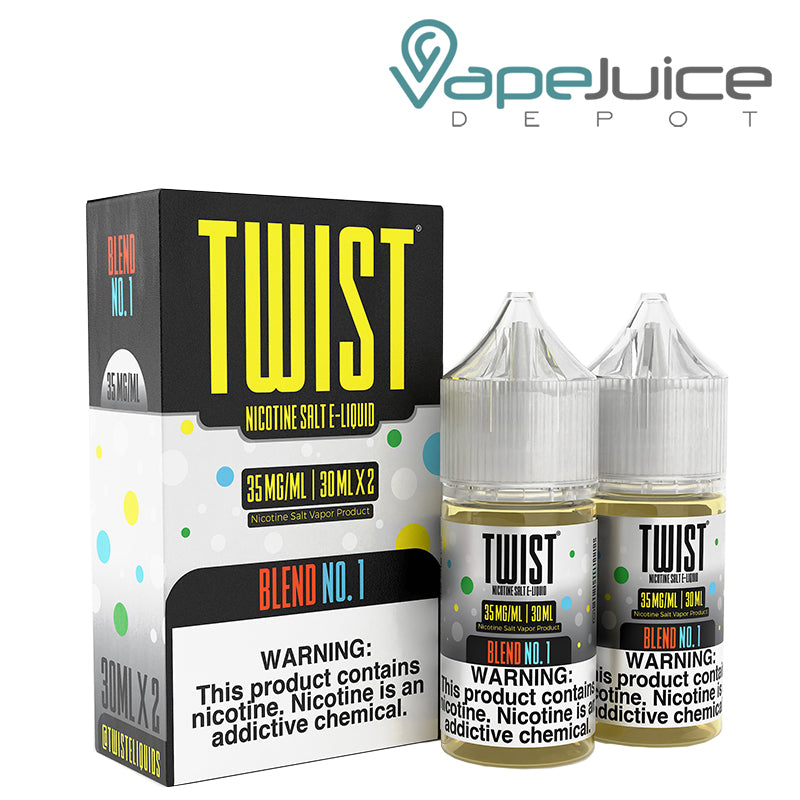 A box of Blend No 1 Twist Salt 35mg E-Liquid with a warning sign and two 30ml bottles next to it - Vape Juice Depot