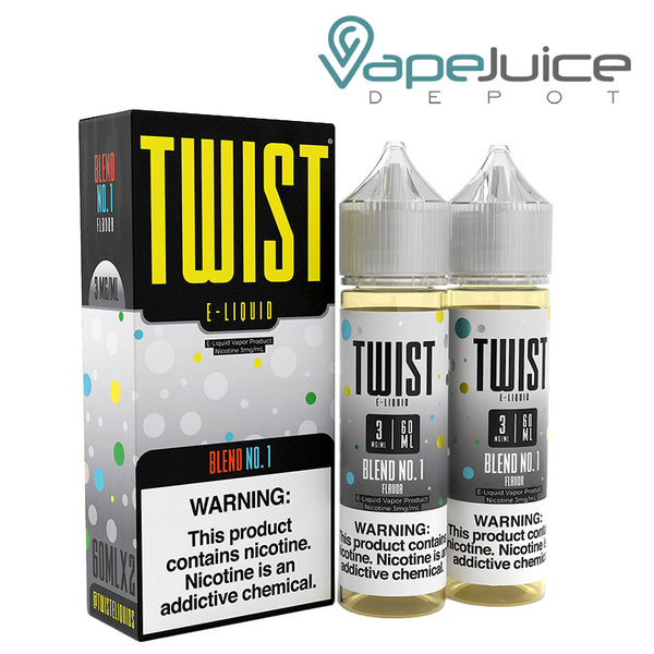 A box of Blend No 1 Twist 3mg E-Liquid with a warning sign and two 60ml bottles next to it - Vape Juice Depot