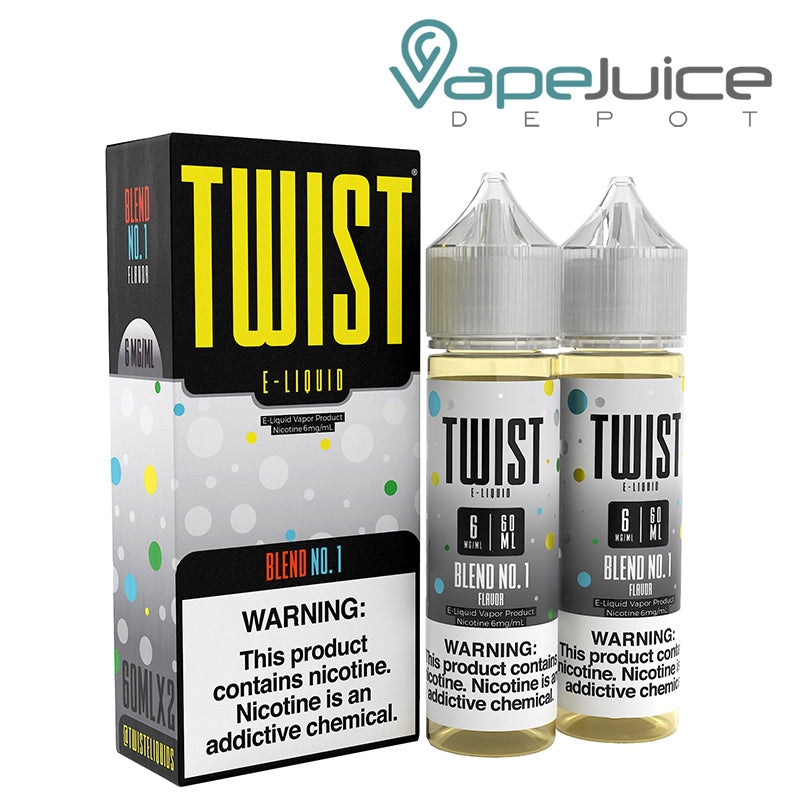 A box of Blend No 1 Twist 6mg E-Liquid with a warning sign and two 60ml bottles next to it - Vape Juice Depot