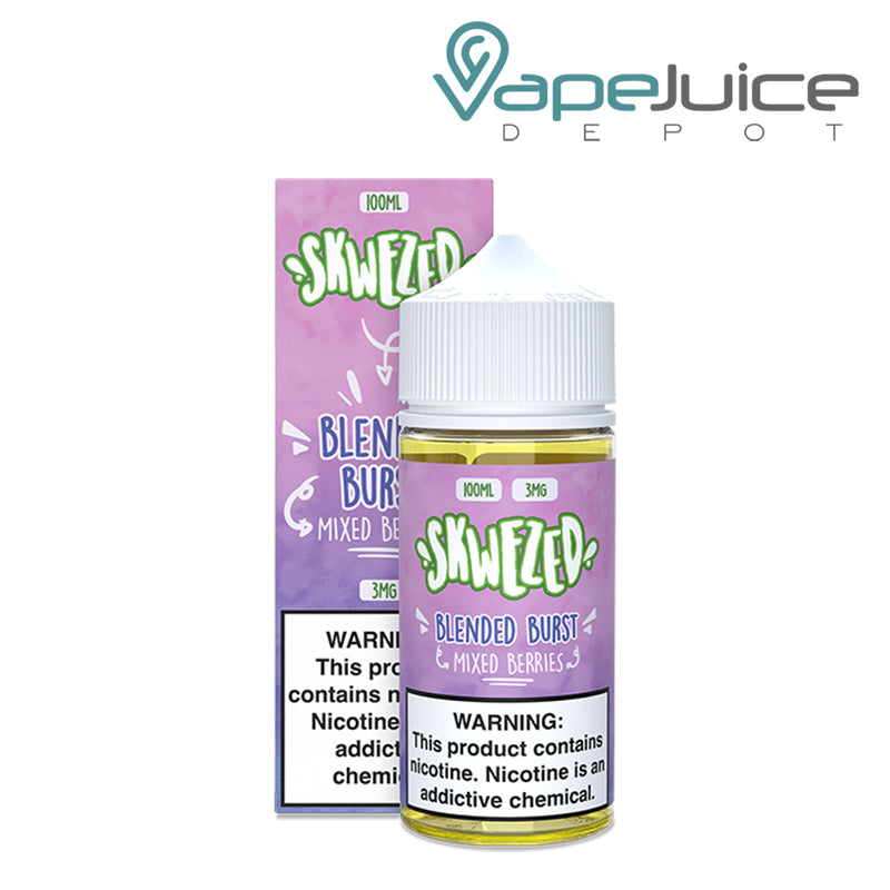 A box of Blended Brust Skwezed eLiquid with a warning sign and a 100ml bottle next to it - Vape Juice Depot