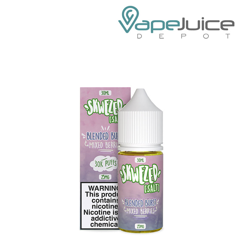 A Box of Blended Burst Skwezed Salt with a warning sign next to a 30ml bottle - Vape Juice Depot