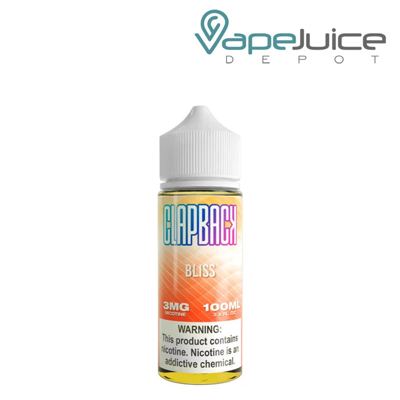 A 100ml bottle of Bliss SVRF ClapBack TFN eLiquid with a warning sign - Vape Juice Depot