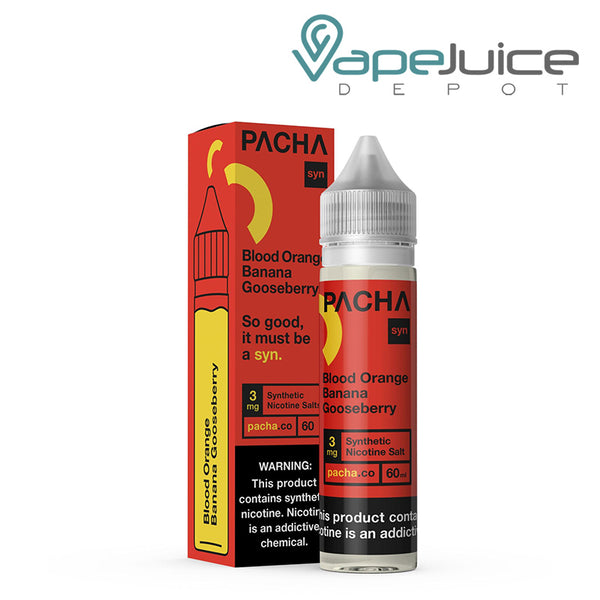 A box of Blood Orange Banana Gooseberry PachaMama TFN with a warning sign and a 60ml bottle next to it - Vape Juice Depot