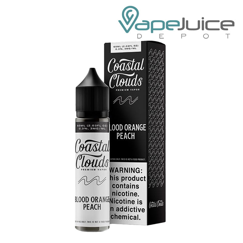 A 60ml bottle of Blood Orange Peach Coastal Clouds and a box with a warning sign next to it - Vape Juice Depot