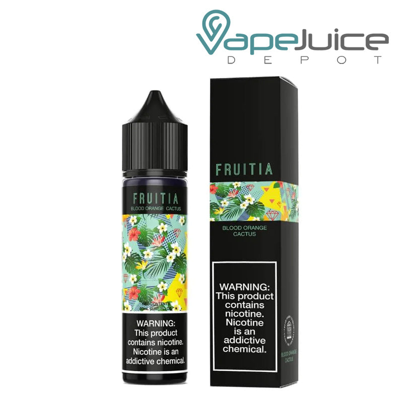 A 60ml bottle of Blood Orange Cactus Fruitia Fresh Farms with a warning sign and a box next to it - Vape Juice Depot