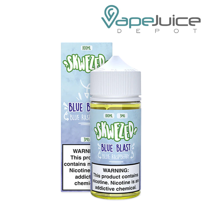 A Box of Blue Blast Skwezed eLiquid with a warning sign next to its 100ml bottle - Vape Juice Depot