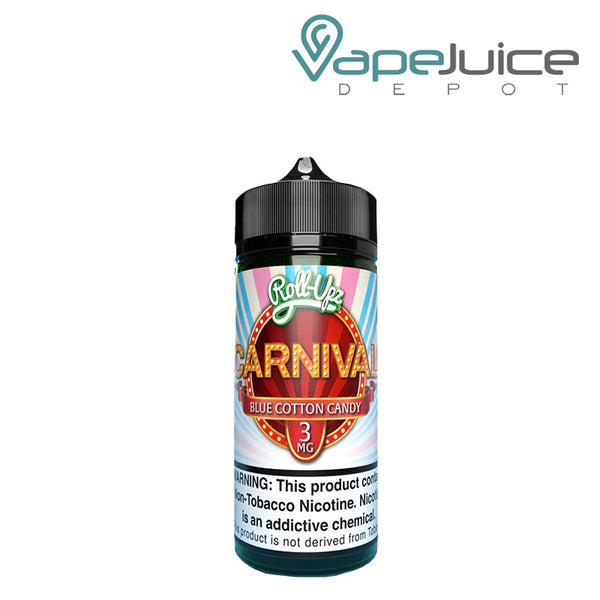 A 100ml bottle of Blue Cotton Candy Carnival Roll Upz with a warning sign - Vape Juice Depot