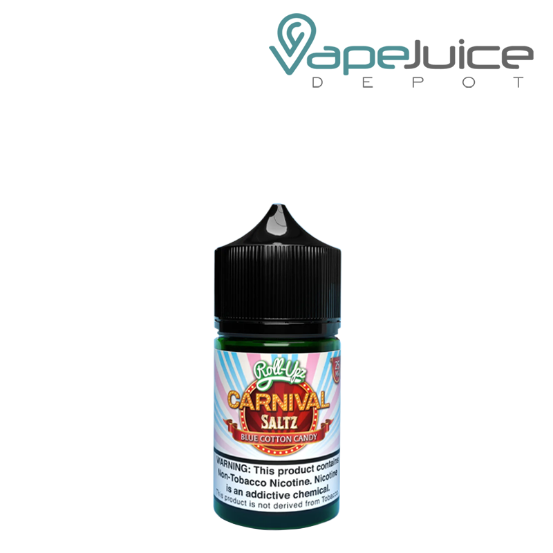 A 30ml bottle of Blue Cotton Candy Carnival Roll Upz Salt with a warning sign - Vape Juice Depot