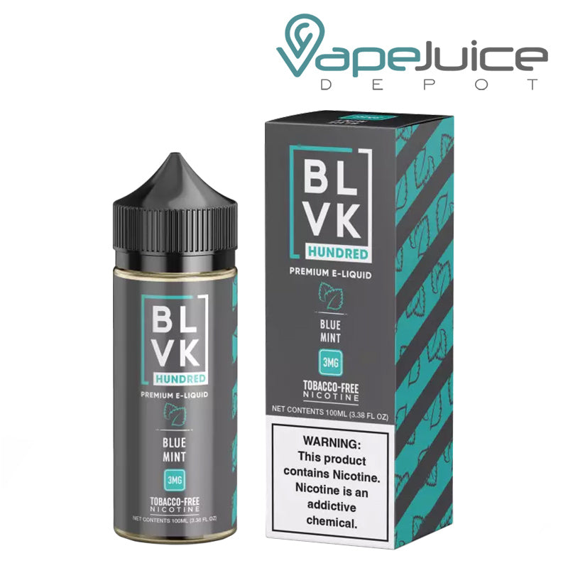 A 100ml Bottle of Blue Mint BLVK Hundred TFN eLiquid and a box with a warning sign next to it - Vape Juice Depot