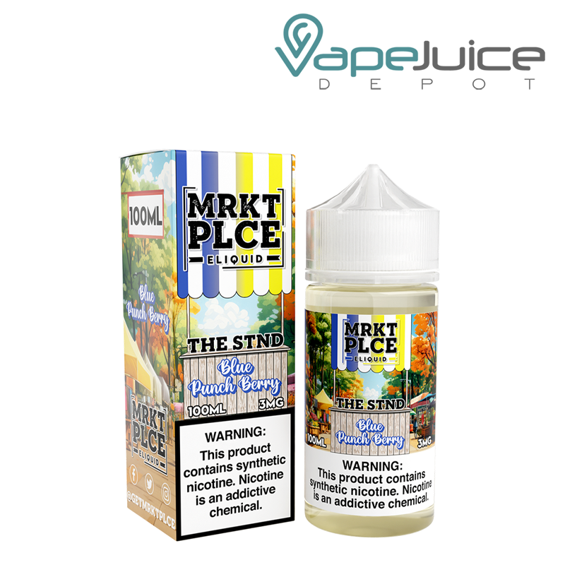 A Box of Blue Punch Berry MRKTPLCE with a warning sign and a 100ml bottle next to it - Vape Juice Depot