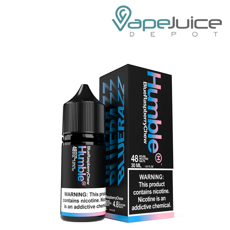 A 30ml bottle of Blue Raspberry Chew (Berry Blow Doe) TFN Salts Humble with a warning sign and a box next to it - Vape Juice Depot