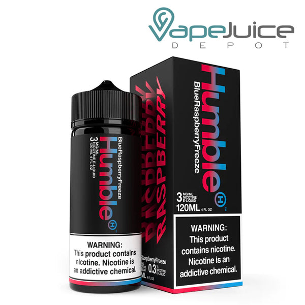 A 120ml bottle of Blue Raspberry Freeze TFN Humble eLiquid with a warning sign and a box next to it - Vape Juice Depot