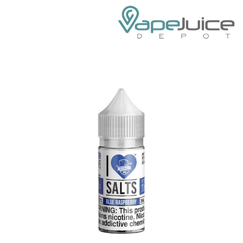 A 30ml bottle of Blue Raspberry I Love Salts by Mad Hatter with a warning sign - Vape Juice Depot