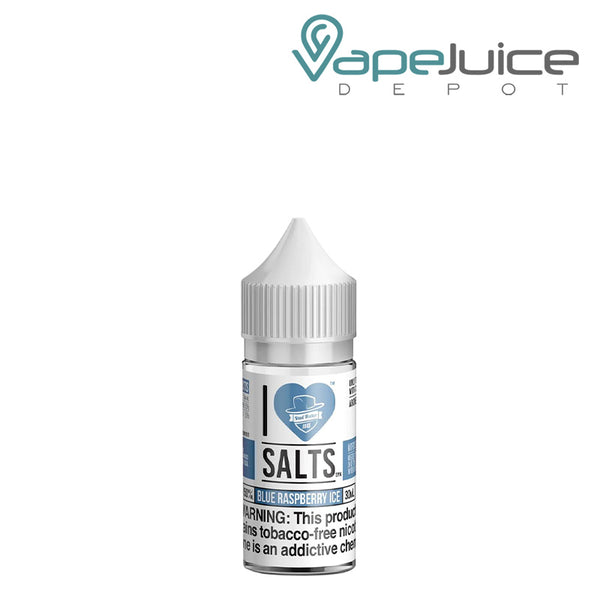 A 30ml bottle of Blue Raspberry Ice I Love Salts by Mad Hatter with a warning sign - Vape Juice Depot