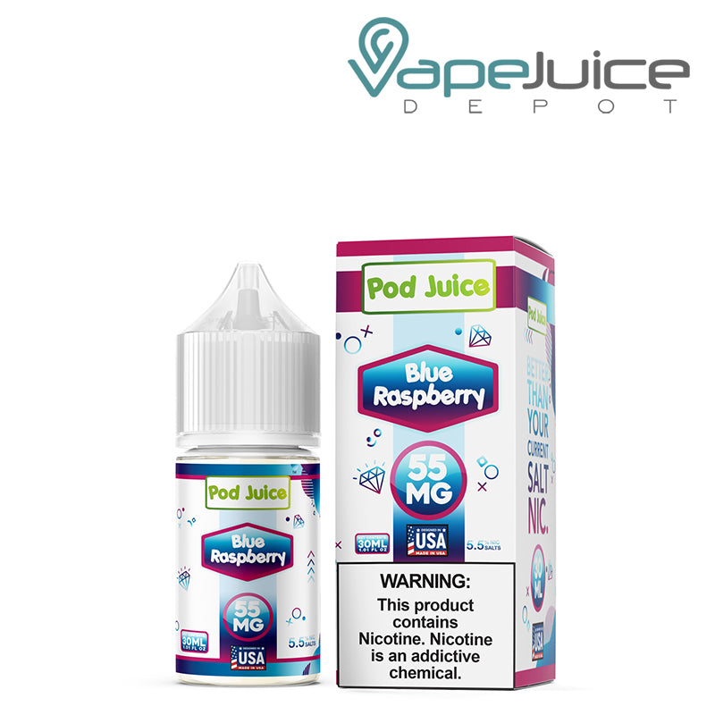 A 30ml bottle of Blue Raspberry Pod Juice TFN Salt and a box with a warning sign next to it - Vape Juice Depot