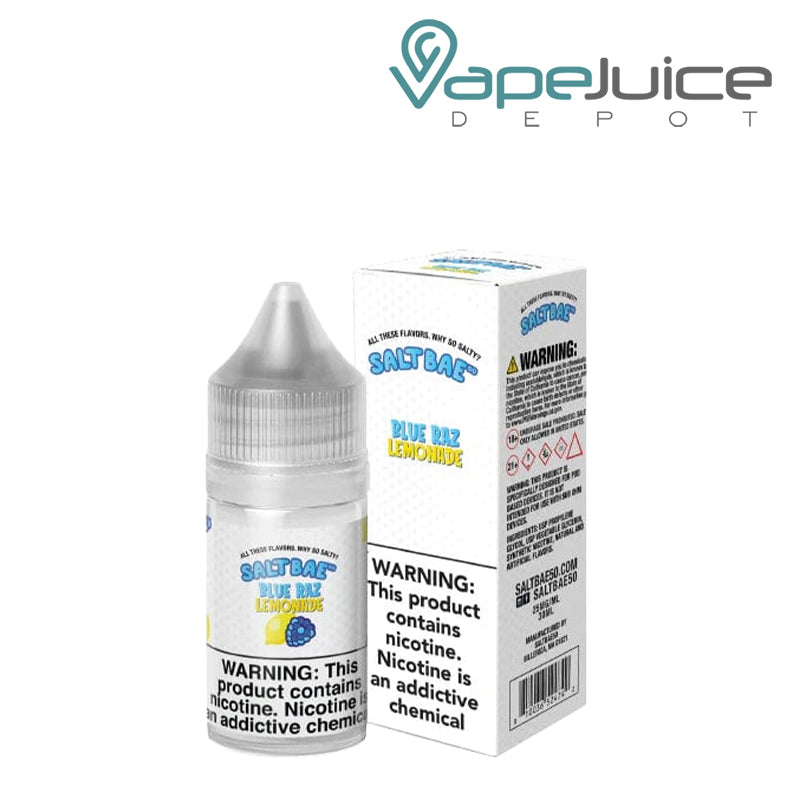 A 30ml bottle of Blue Raz Lemonade SaltBae50 Salt and a box with a warning sign next to it - Vape Juice Depot