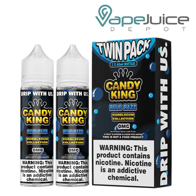 Two 60ml bottles of Blue Razz Candy King Bubblegum and a box with a warning sign next to it - Vape Juice Depot