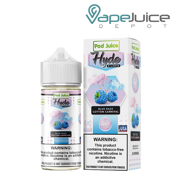 A 100ml bottle of Blue Razz Cotton Carnival Hyde Pod Juice TFN with a warning sign and a box with a warning sign next to it - Vape Juice Depot