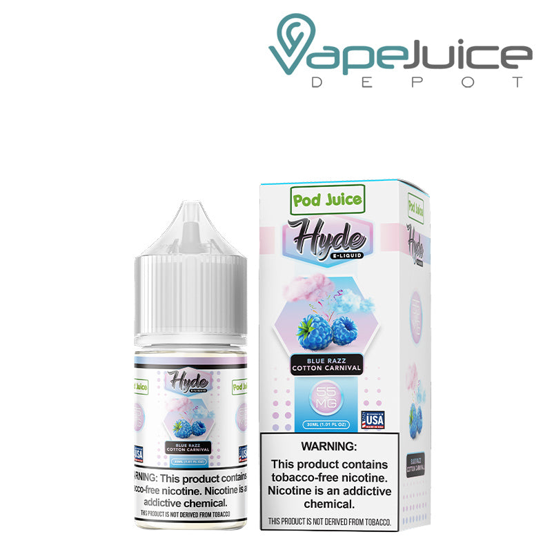 A 30ml bottle of Blue Razz Cotton Carnival Hyde Pod Juice TFN Salt and a box with a warning sign next to it - Vape Juice Depot