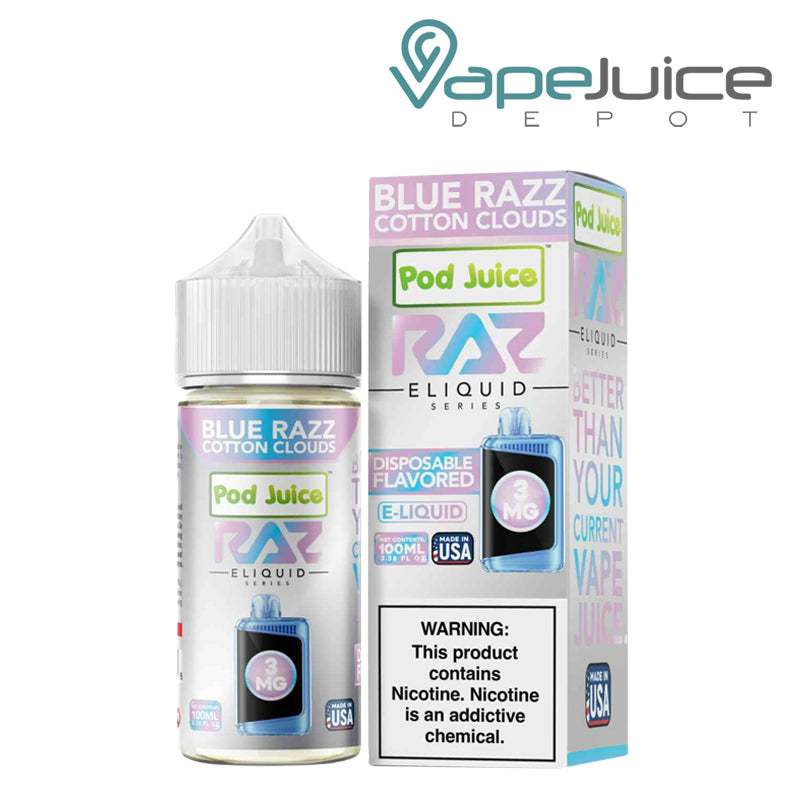 A 100ml bottle of Blue Razz Cotton Clouds Pod Juice X Raz TFN and a box with a warning sign next to it - Vape Juice Depot