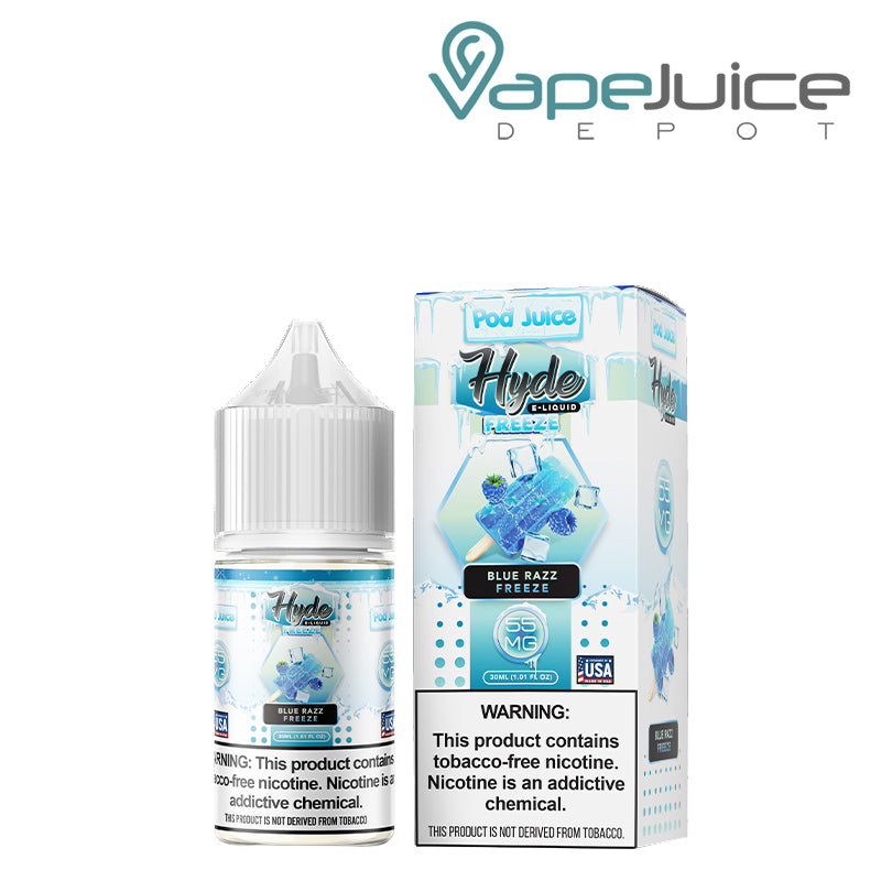 A 30ml bottle of Blue Razz Freeze Hyde Pod Juice TFN Salt and a box with a warning sign next to it - Vape Juice Depot