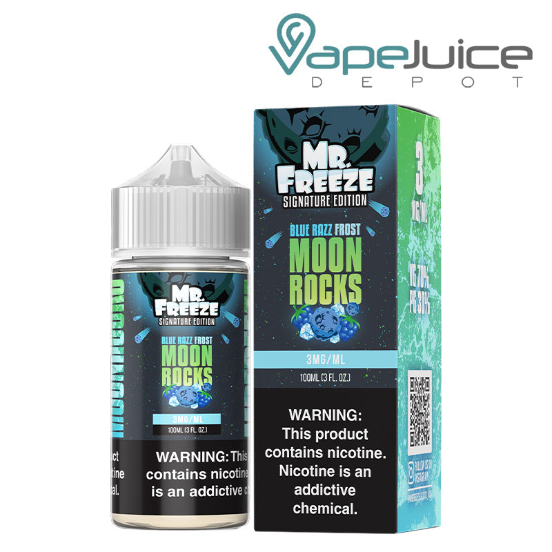 A 100ml bottle of Blue Razz Frost Moonrocks Mr Freeze and a box with a warning sign next to it - Vape Juice Depot