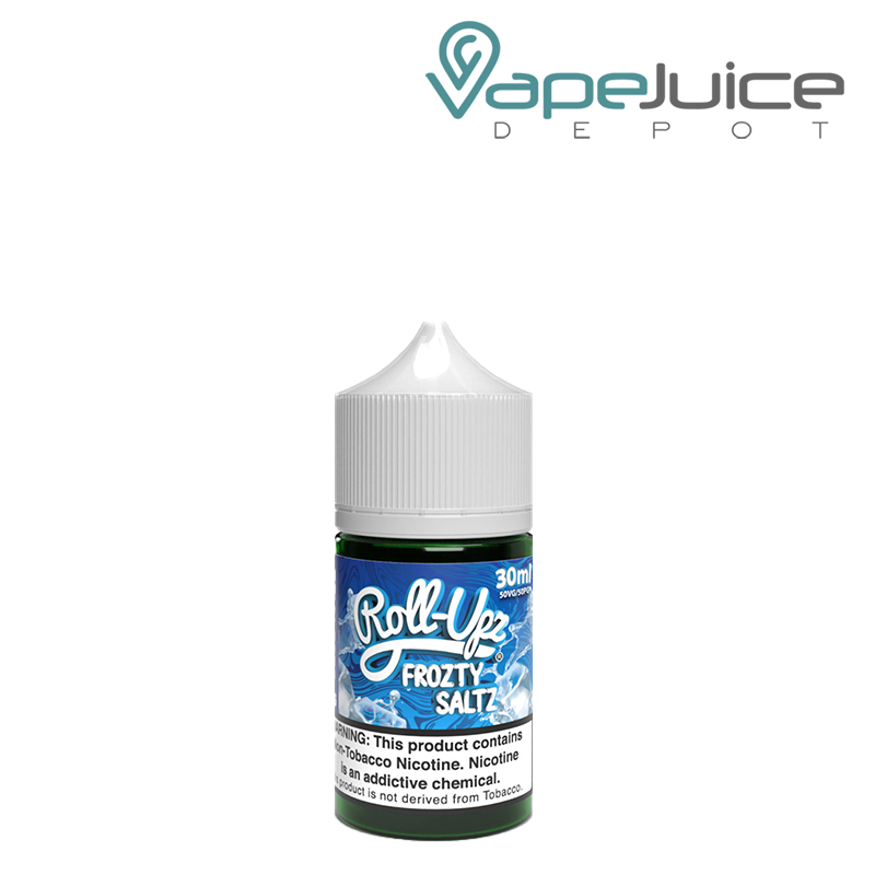 A 30ml bottle of Blue Razz Frozty Juice Roll Upz Salt with a warning sign - Vape Juice Depot