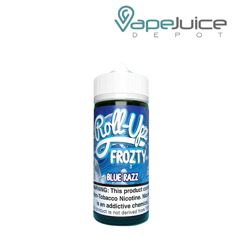 A 100ml bottle of Blue Razz Ice Juice Roll Upz with a warning sign - Vape Juice Depot