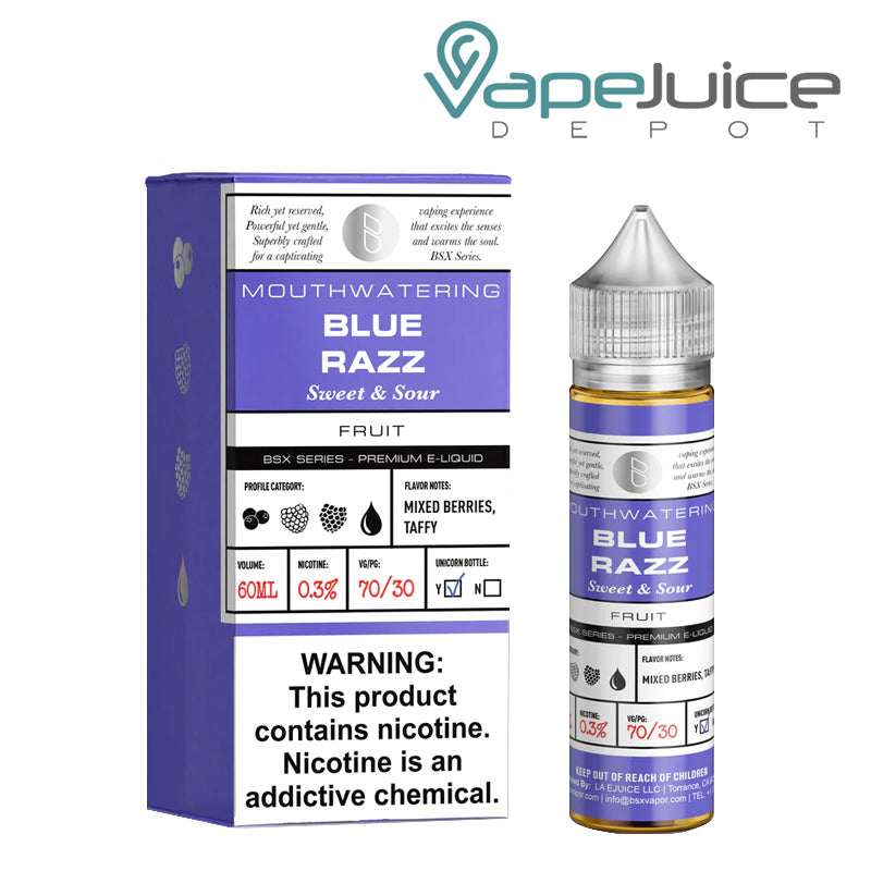 A box of Blue Razz Glas Basix Series with a warning sign and a 60ml bottle next to it - Vape Juice Depot