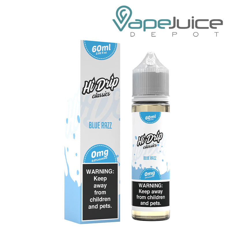 A box of Blue Razz Hi-Drip Classics with a warning sign and a 60ml bottle next to it - Vape Juice Depot