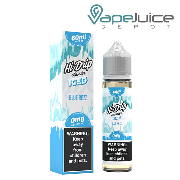 A box of Blue Razz Iced Hi-Drip Classics with a warning sign and a 60ml bottle next to it - Vape Juice Depot