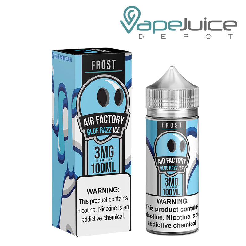 A box of Blue Razz Ice Air Factory eLiquid with a warning sign and a 100ml bottle next to it - Vape Juice Depot