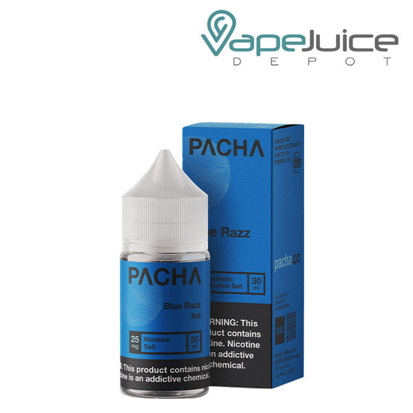 A 30ml bottle of Blue Razz Ice PachaMama Salts with a warning sign and a box next to it - Vape Juice Depot