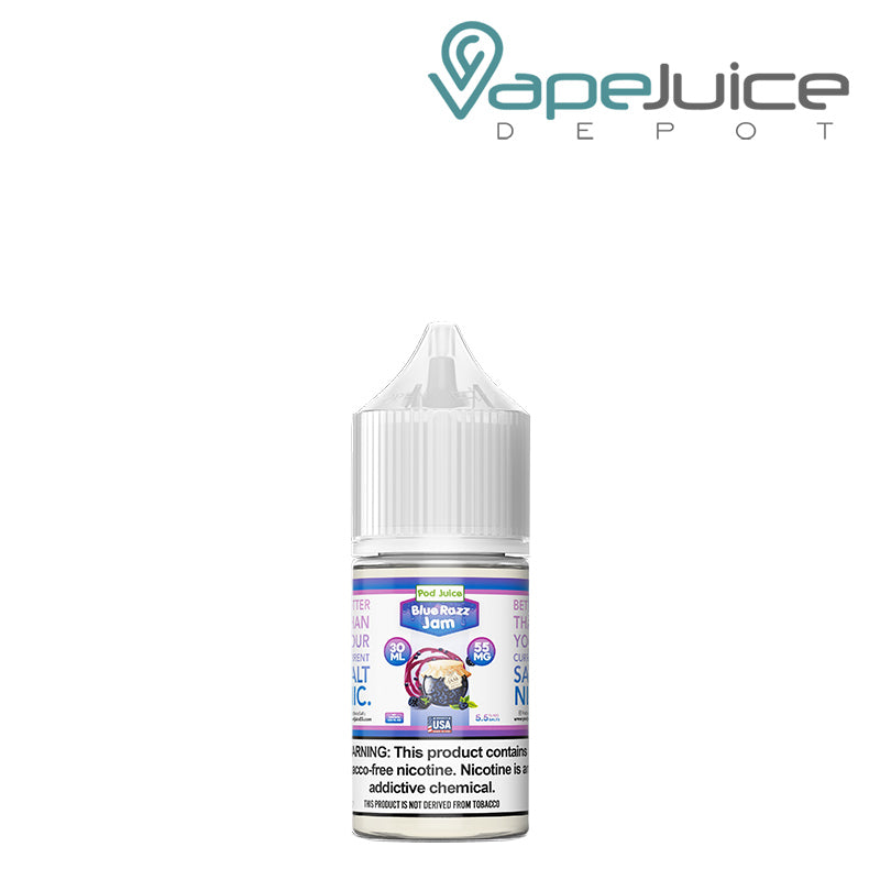 A 30ml bottle of Blue Razz Jam Pod Juice TFN Salt with a warning sign - Vape Juice Depot