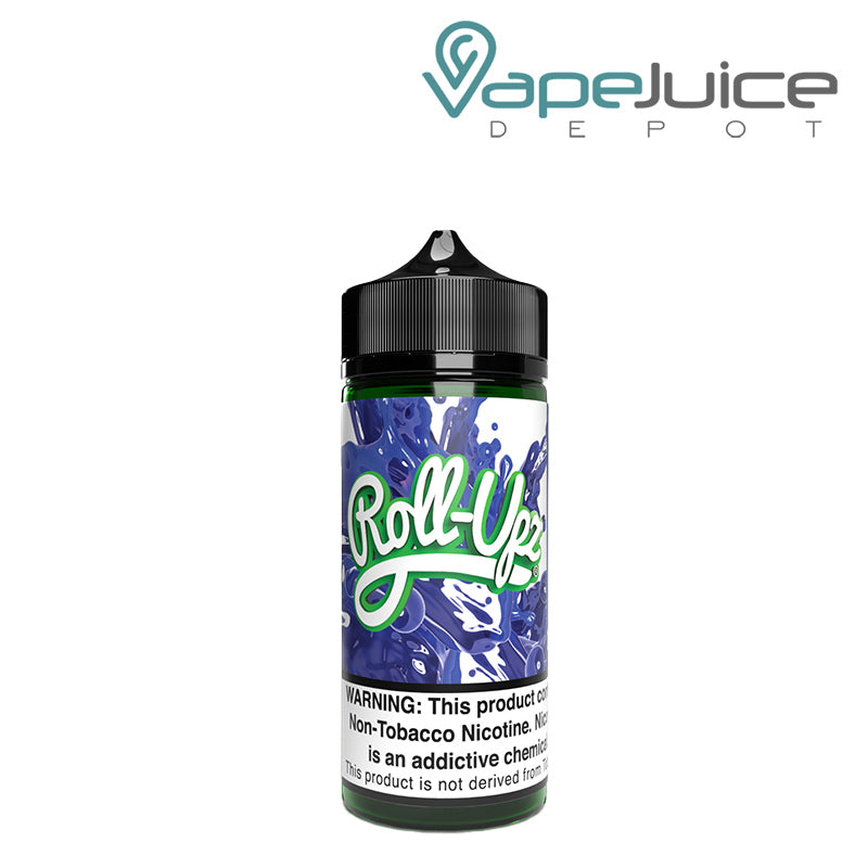 A 100ml bottle of Blue Razz Juice Roll Upz with a warning sign - Vape Juice Depot